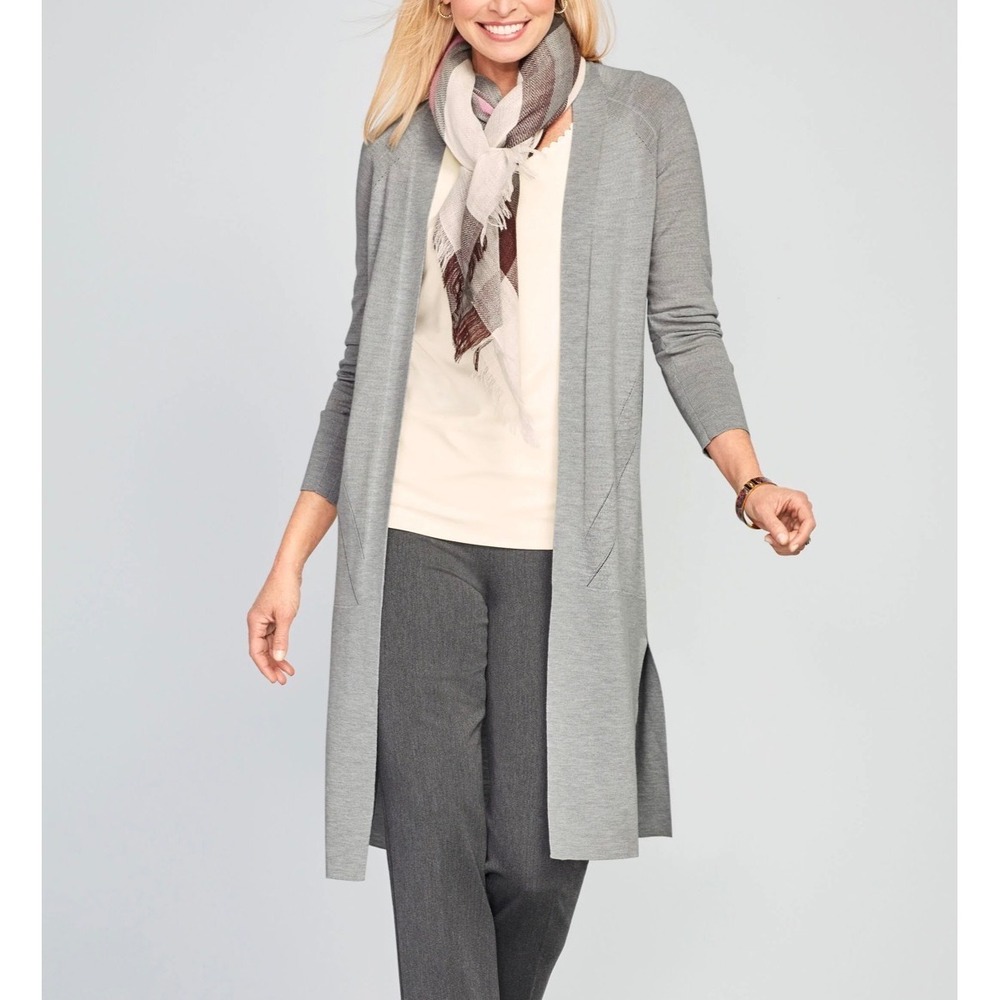 Talbots Gray Merino Wool Long Duster Cardigan Sweater Open Front Womens Small
